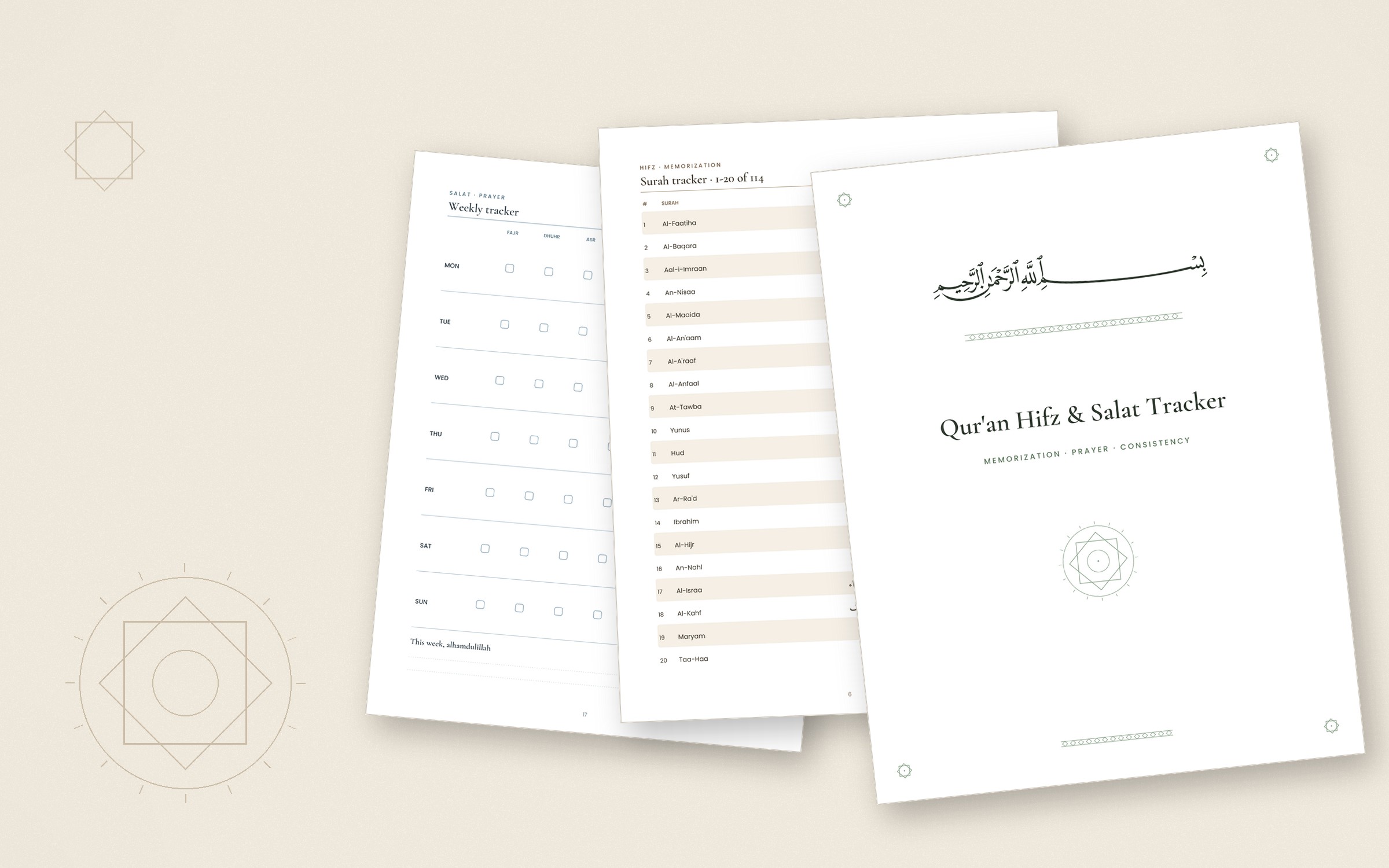 Sakina Studio printable planner pages arranged on warm linen